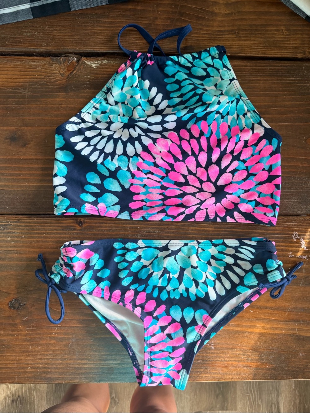 Kids Navy Floral High-Neck Two-Piece Swimsuit